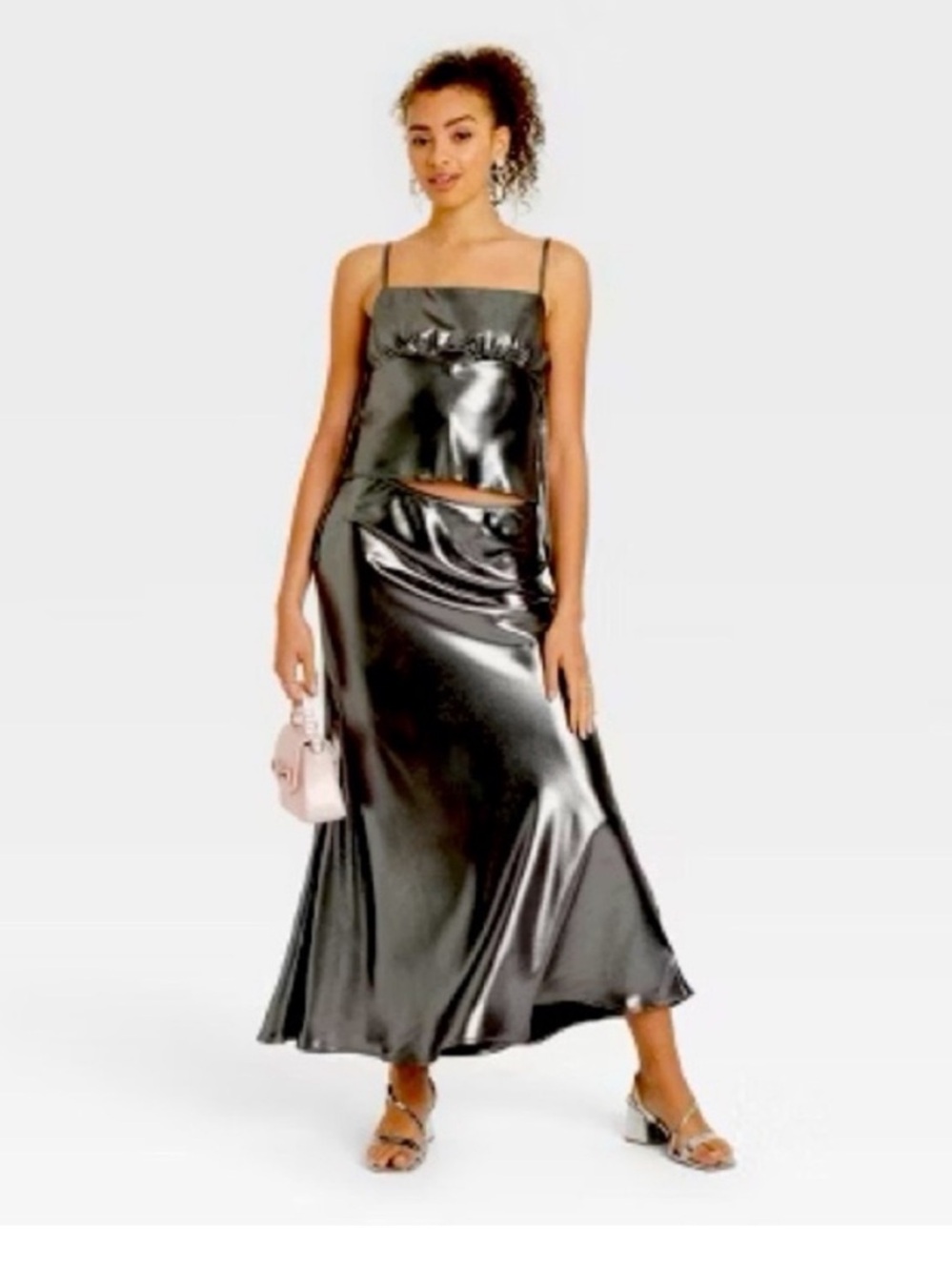 Shiny Black Metallic Shimmer Satin Midi Skirt - Women XXS Elastic Waist NWT